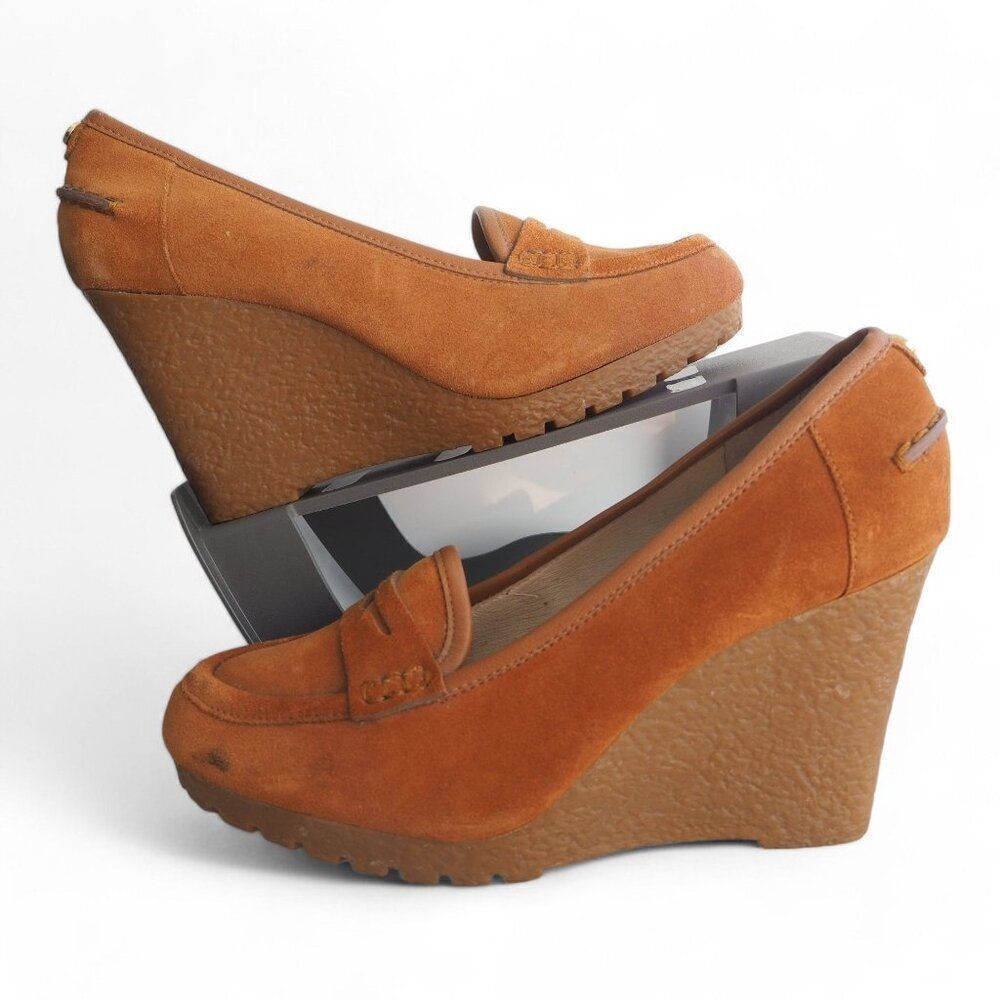 Michael Kors Rory Suede Wedge Penny Loafers Walnut‎ Brown PW14E Women's 7M